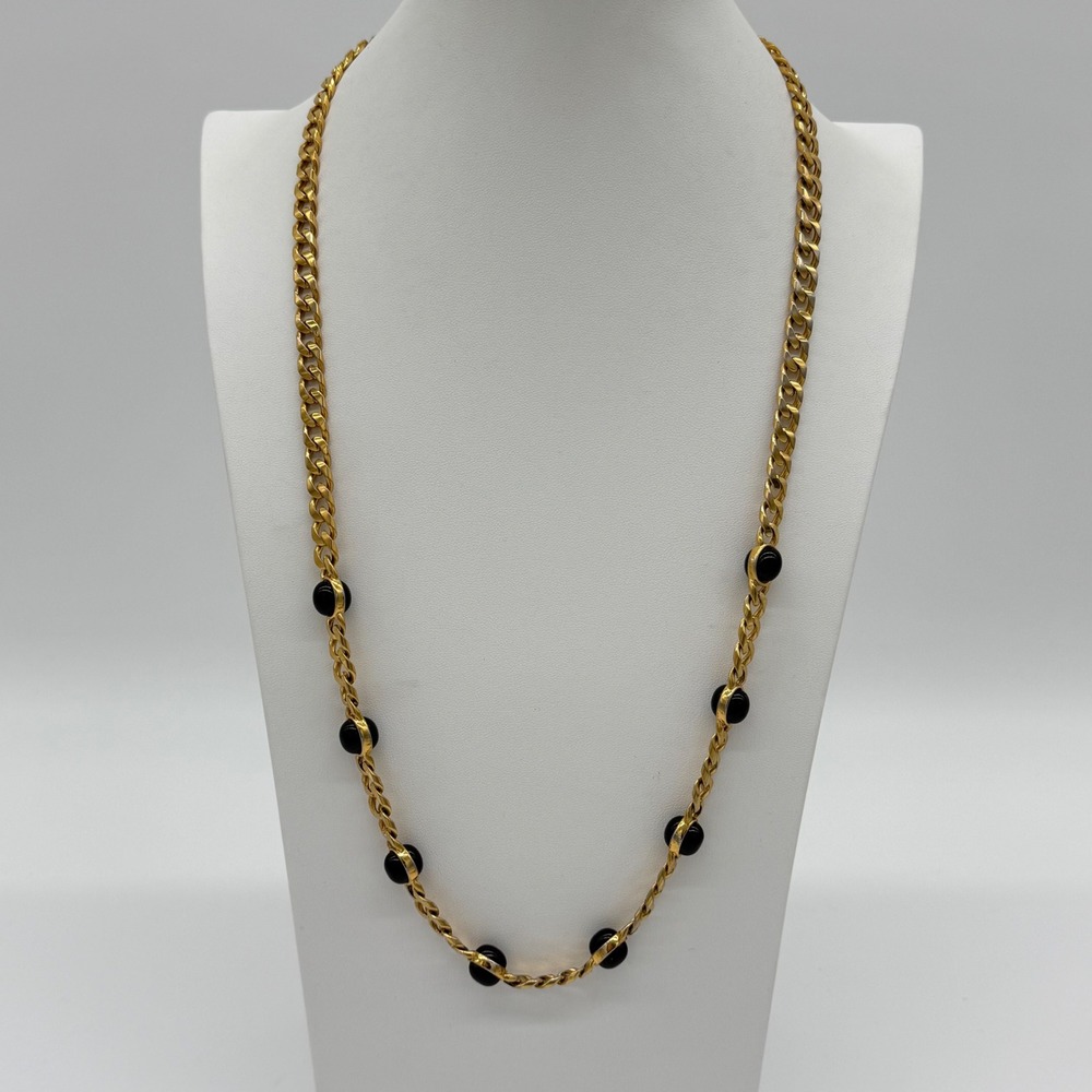 Vintage Monet Gold‎ Tone Curb Chain Necklace Black Cabochon Stations 28"
